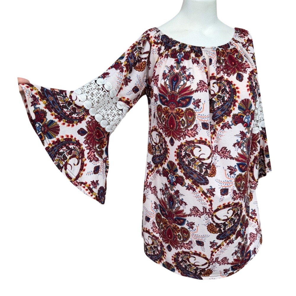 Win‎ Win Womens Top L XL Ruffle Lace Sleeve Tunic Burgundy Crochet Romantic Boho